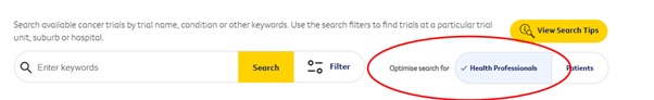 Shows optimise search feature with health professionals selected instead of patients